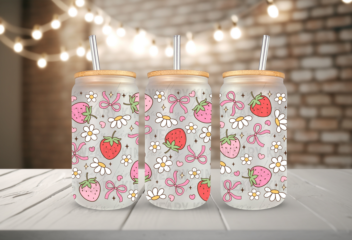 Pink & Red Strawberries & Bows UV Dtf 16oz glass can wrap