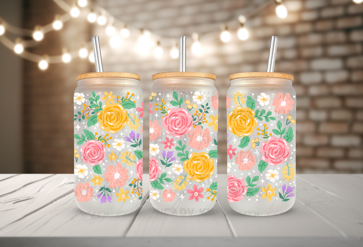 Yellow & Pink Roses & Flowers UV Dtf 16oz glass can wrap
