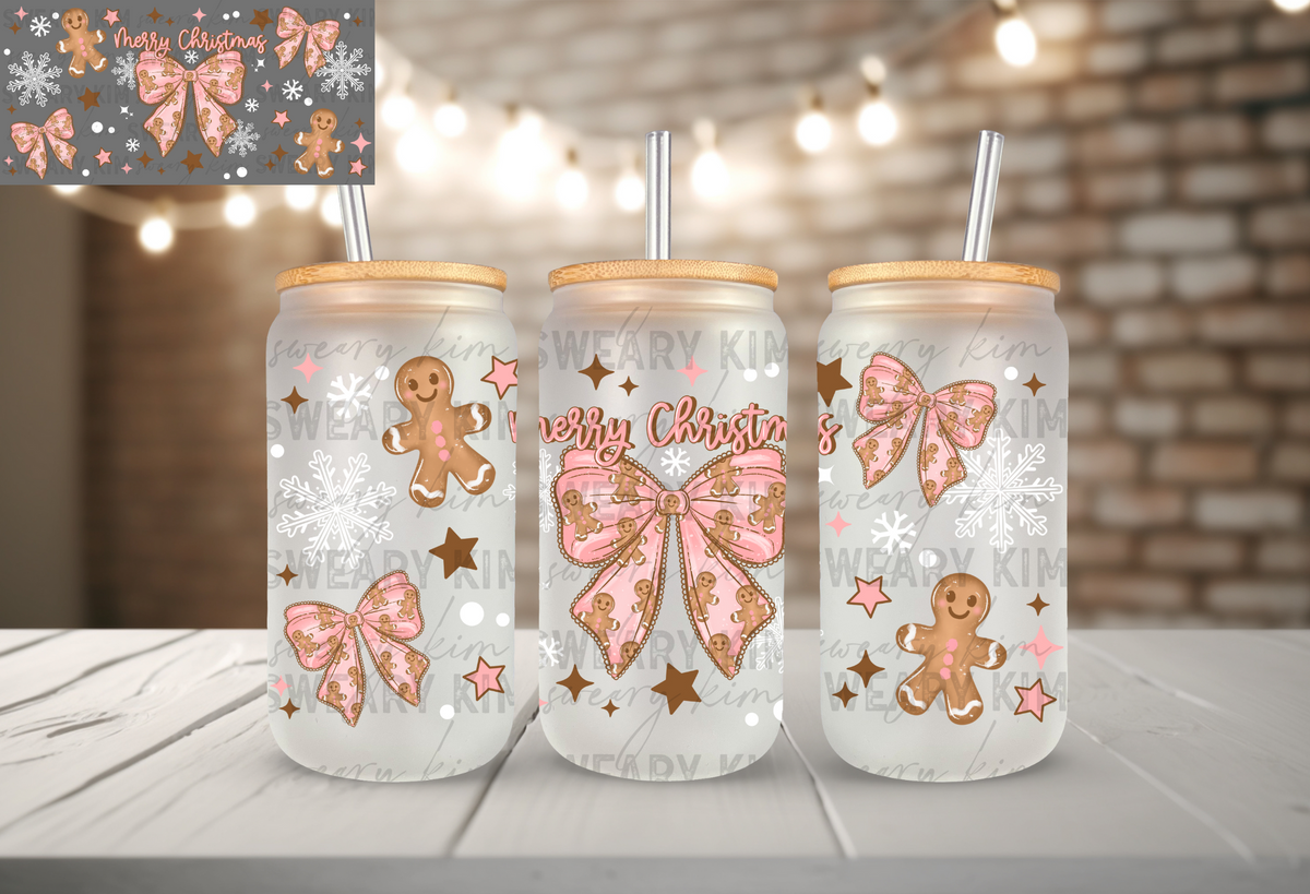 Pink Gingerbread Bows UV Dtf 16oz glass can wrap