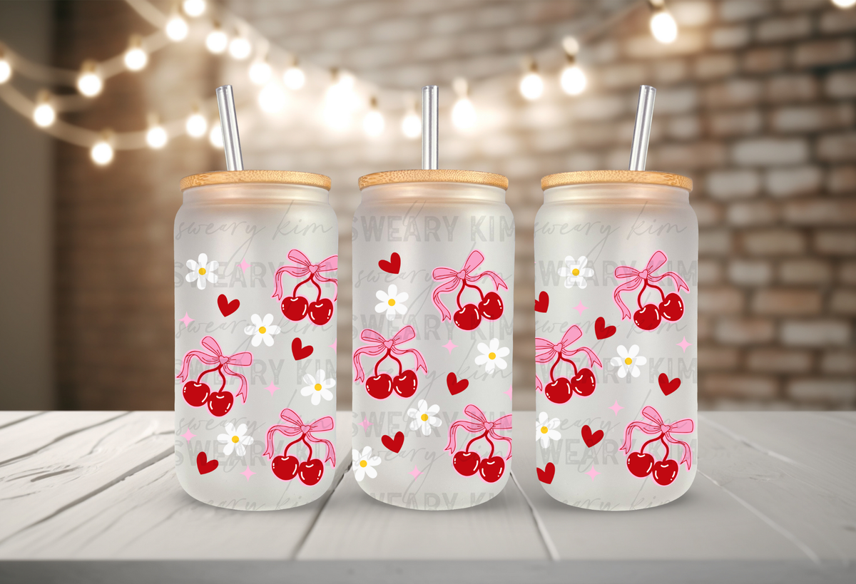 Pink Outlined Bow Cherries & Flowers UV Dtf 16oz glass can wrap