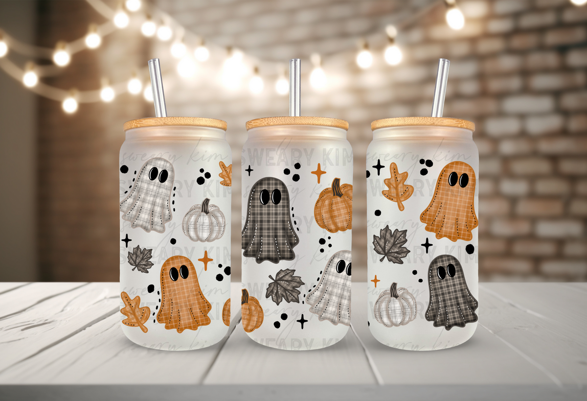 Plaid Ghosts UV Dtf 16oz glass can wrap