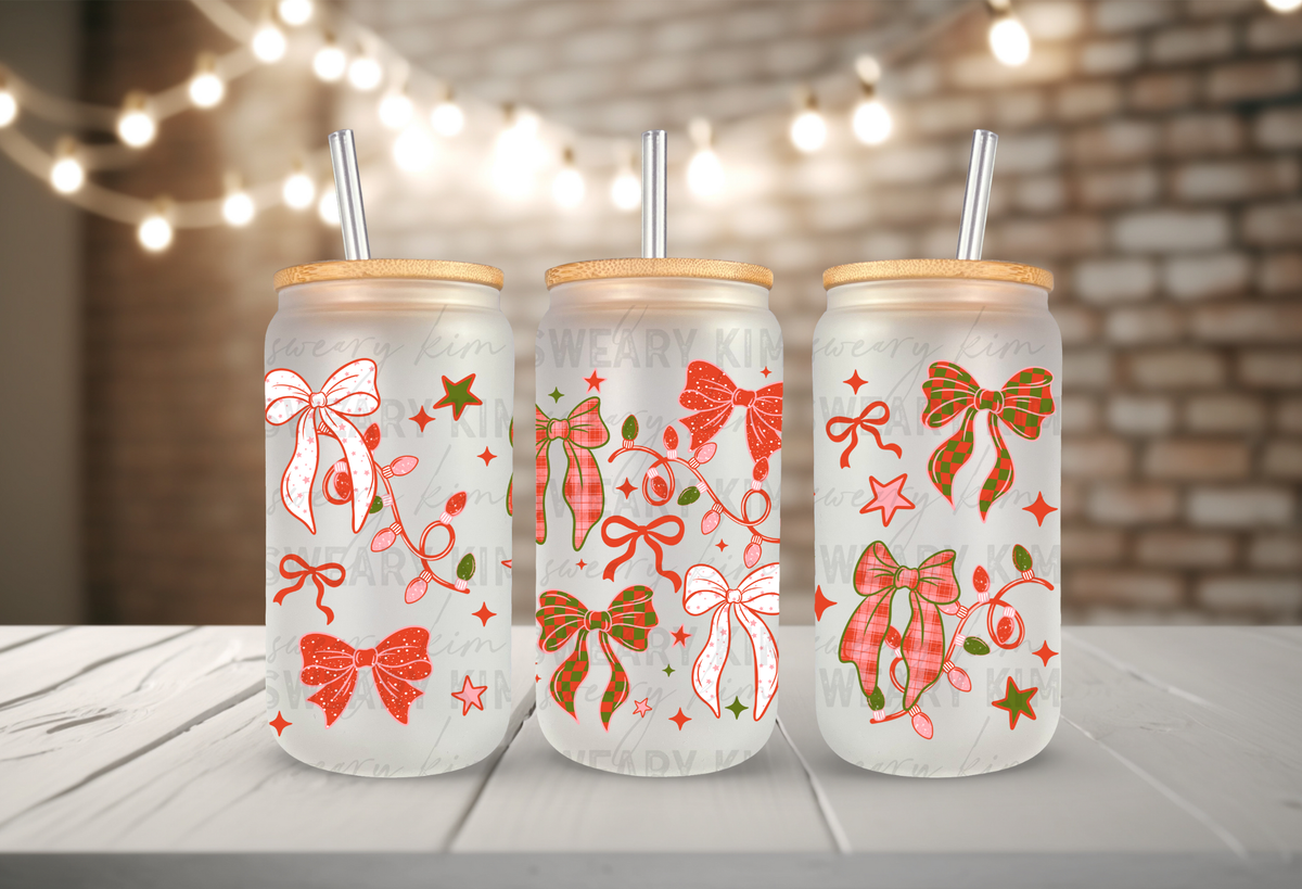 Plaid Bows & Lights UV Dtf 16oz glass can wrap
