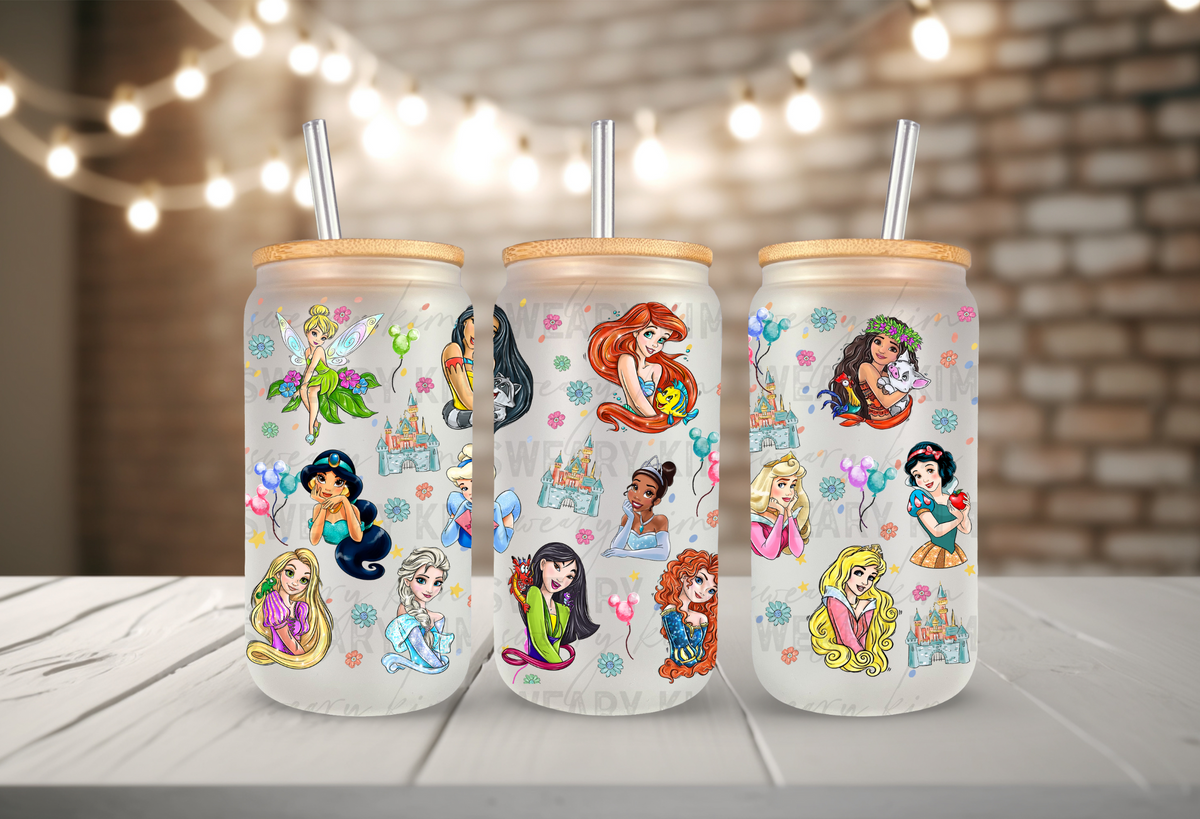 Princesses & Balloons UV Dtf 16oz glass can wrap