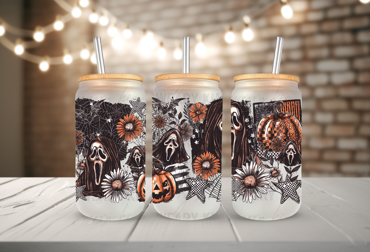 Spooky Face & Flowers UV Dtf 16oz glass can wrap