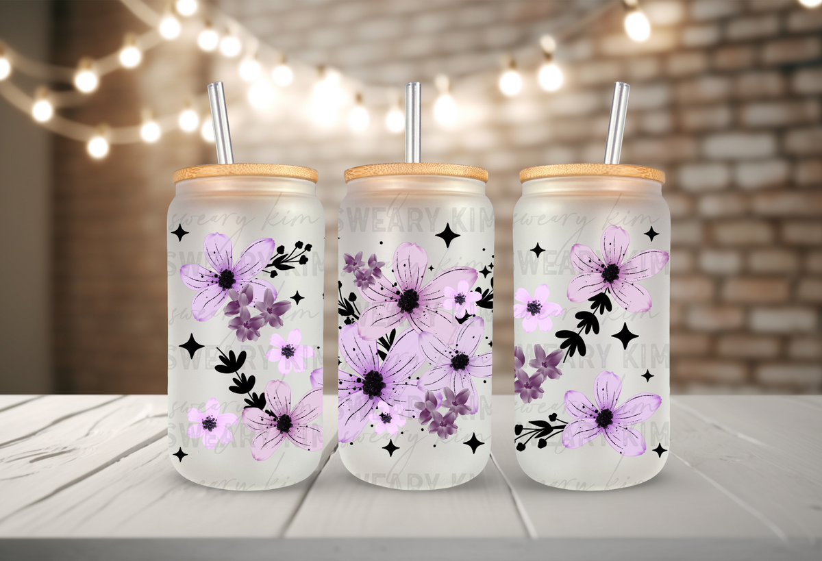 Light Purple Flowers UV Dtf 16oz glass can wrap