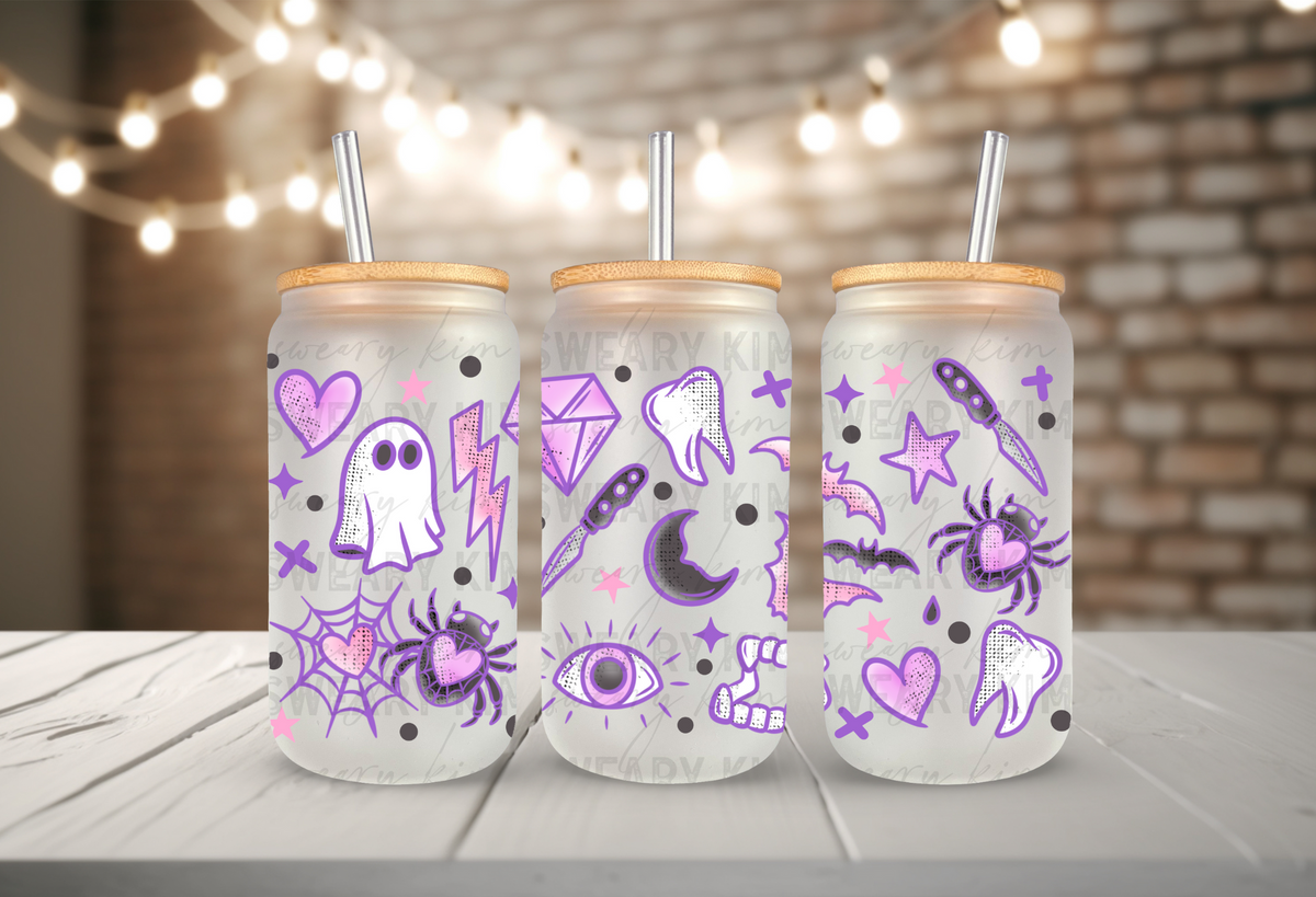 Pastel Spooky Things UV Dtf 16oz glass can wrap