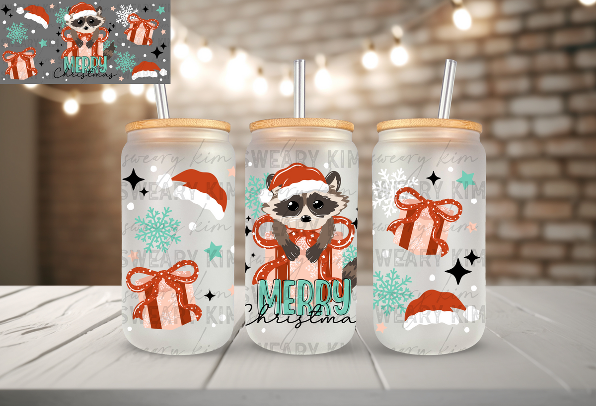 Raccoon Present UV Dtf 16oz glass can wrap