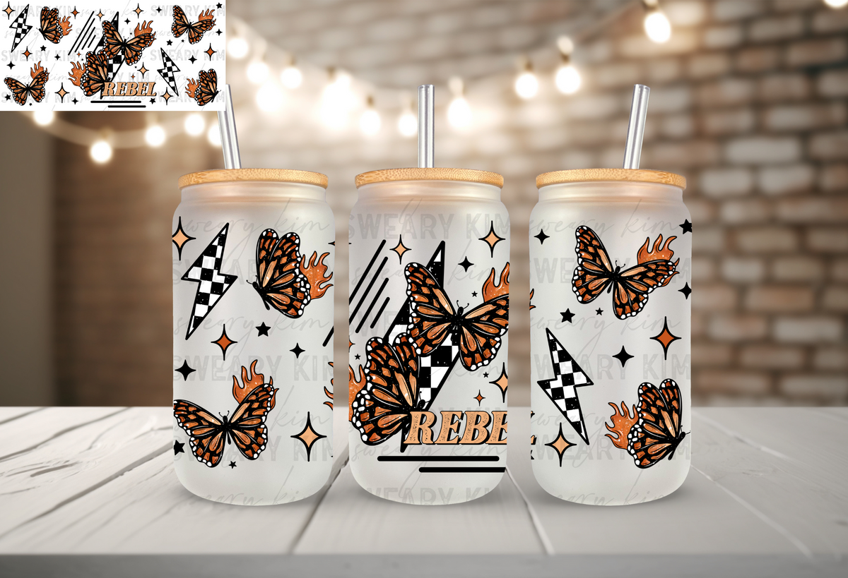 Rebel Butterflies UV Dtf 16oz glass can wrap