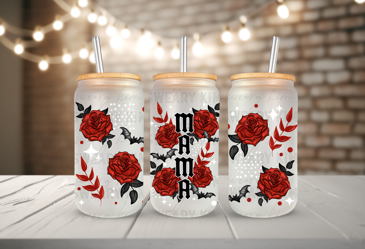 Mama Roses & Bats UV Dtf 16oz glass can wrap