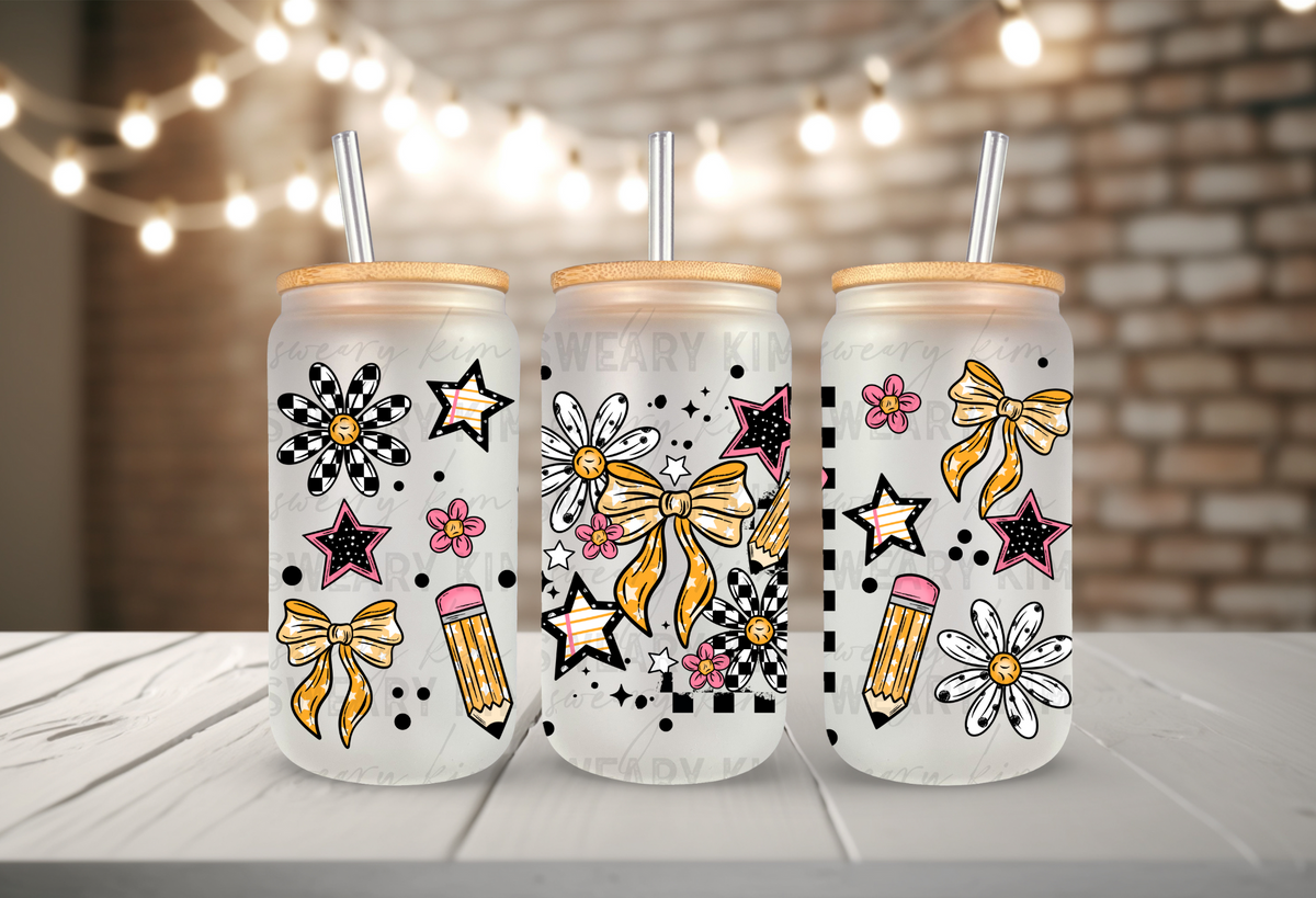 Retro Teacher School Pencils & Stars UV Dtf 16oz glass can wrap