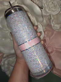White & Pink Bow Glitter Snow Globe Tumbler