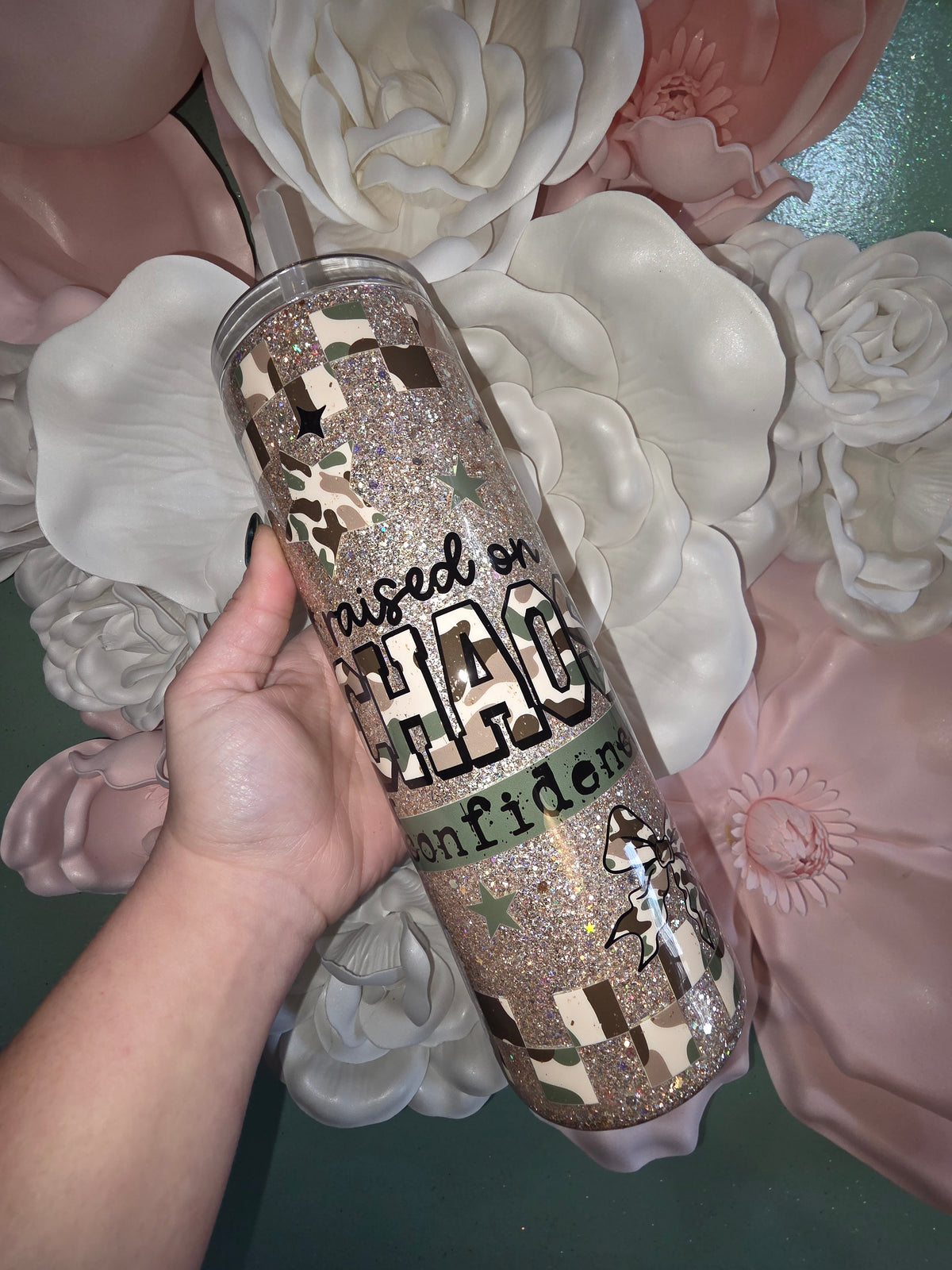 Raised On Chaos Camo Glitter Epoxy Tumbler