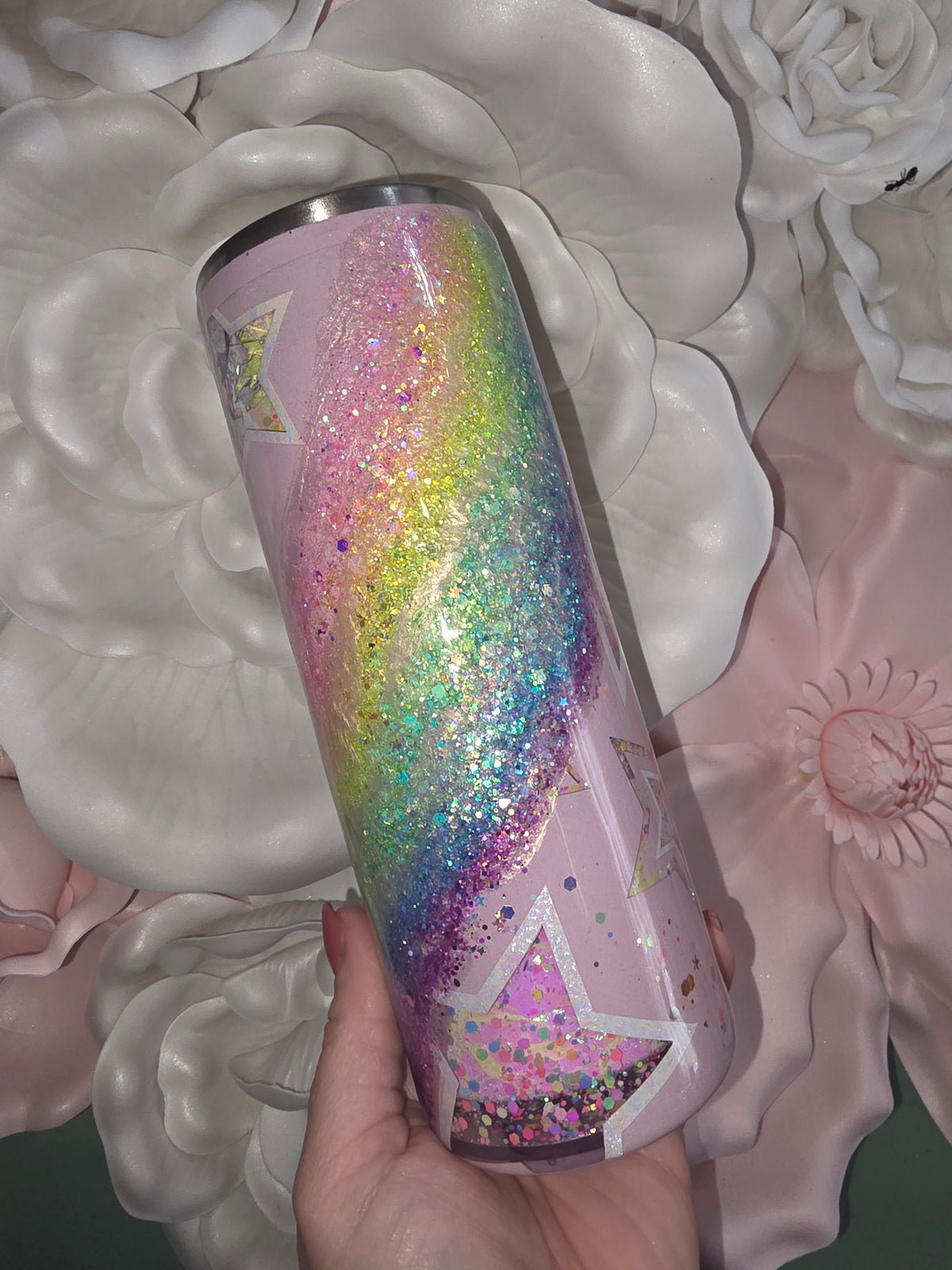 20oz Rainbow Star Holo & Glitter Snow Globe Tumbler