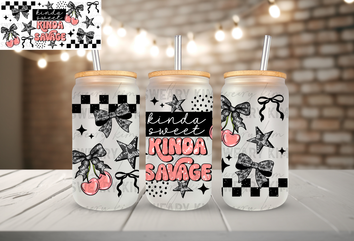 Exclusive Kinda Savage Lacey Bows UV Dtf 16oz glass can wrap