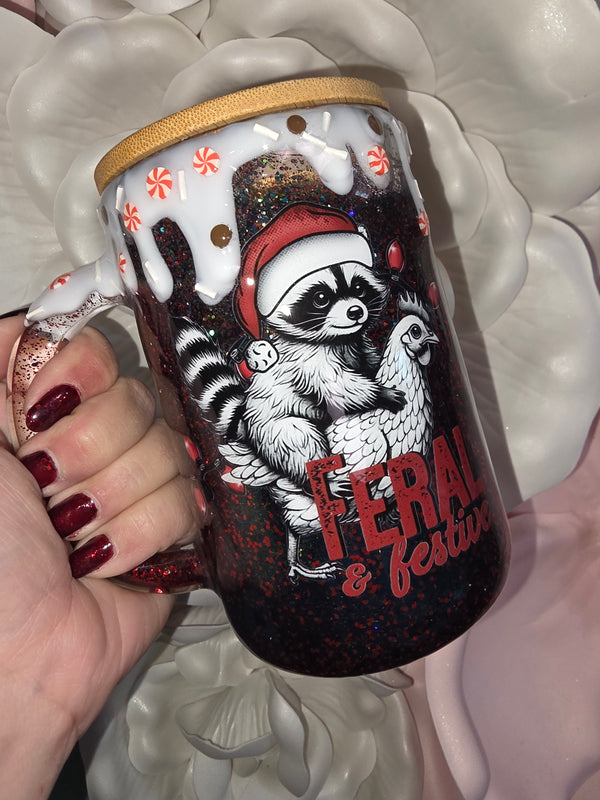 Raccoon Riding Chicken Glass Snow Globe Mug