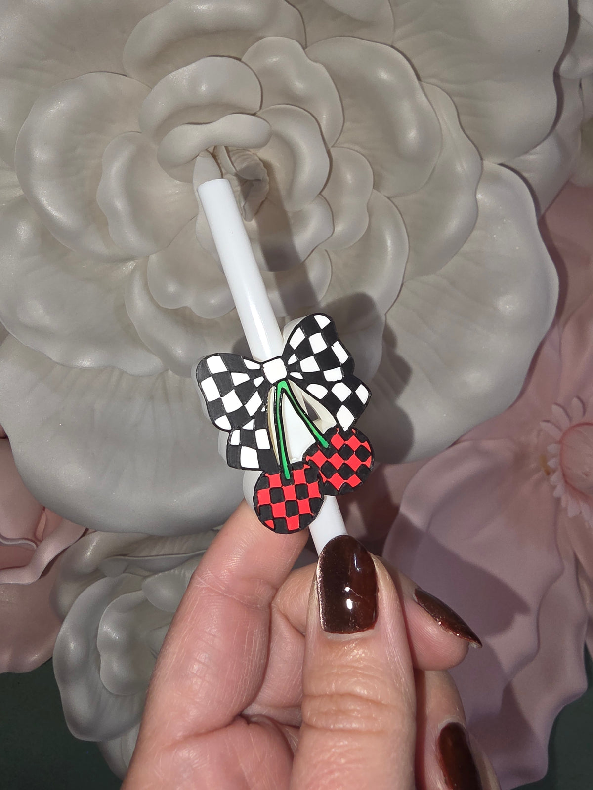 Check Bow & Check Cherries Straw Topper