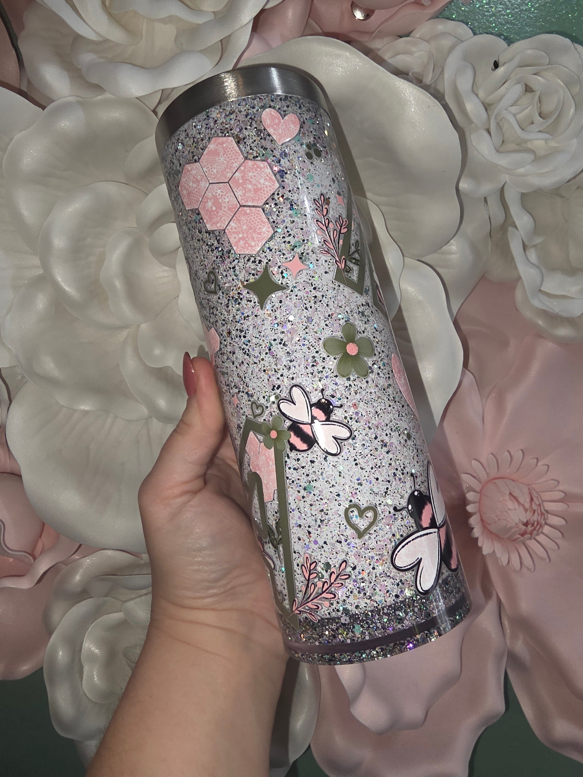 20oz Mama Pink & Green Glitter Snow Globe Tumbler