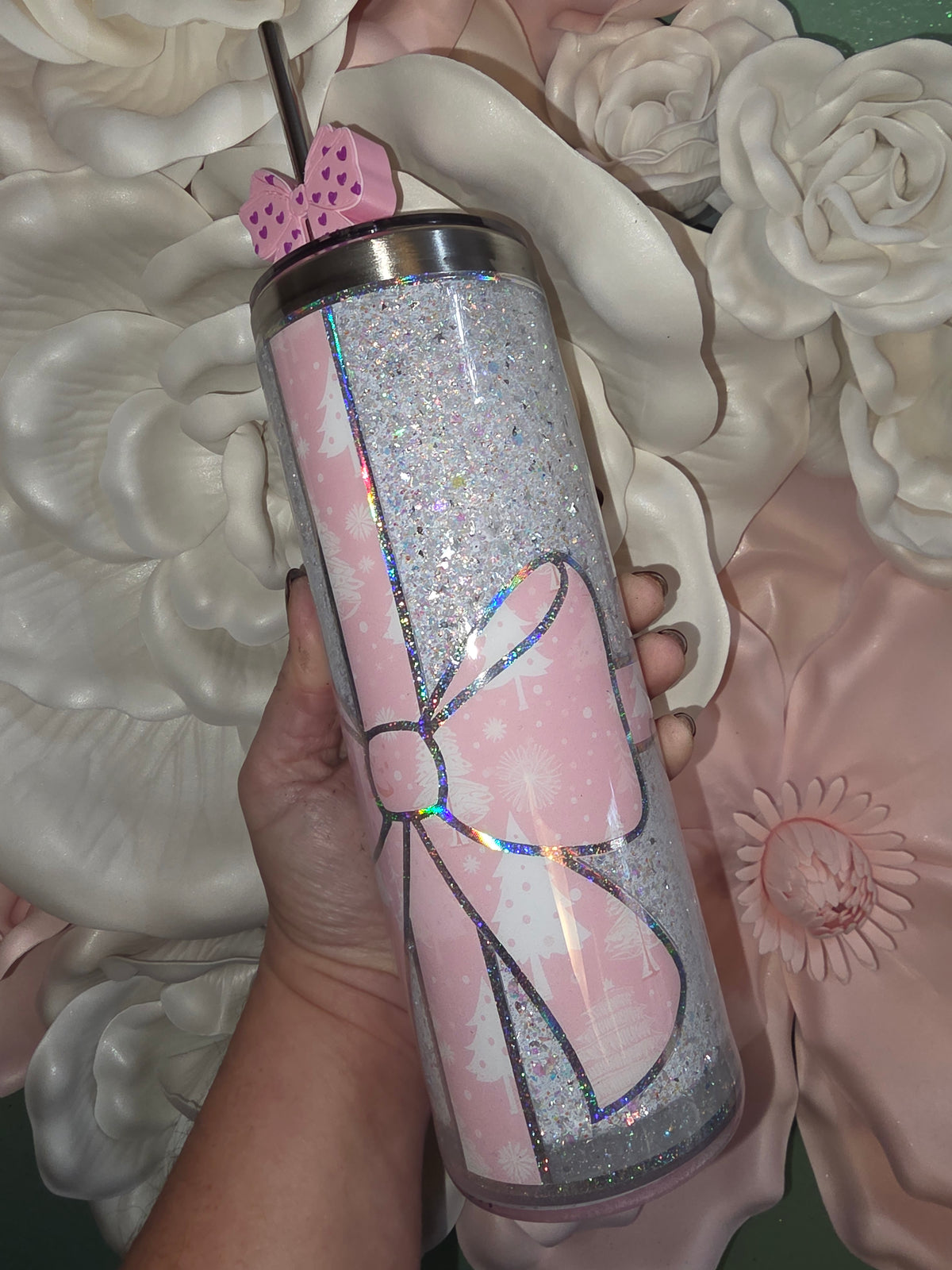 White & Pink Bow Glitter Snow Globe Tumbler