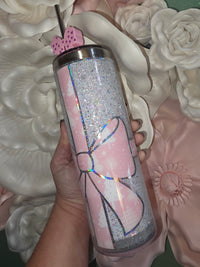 White & Pink Bow Glitter Snow Globe Tumbler