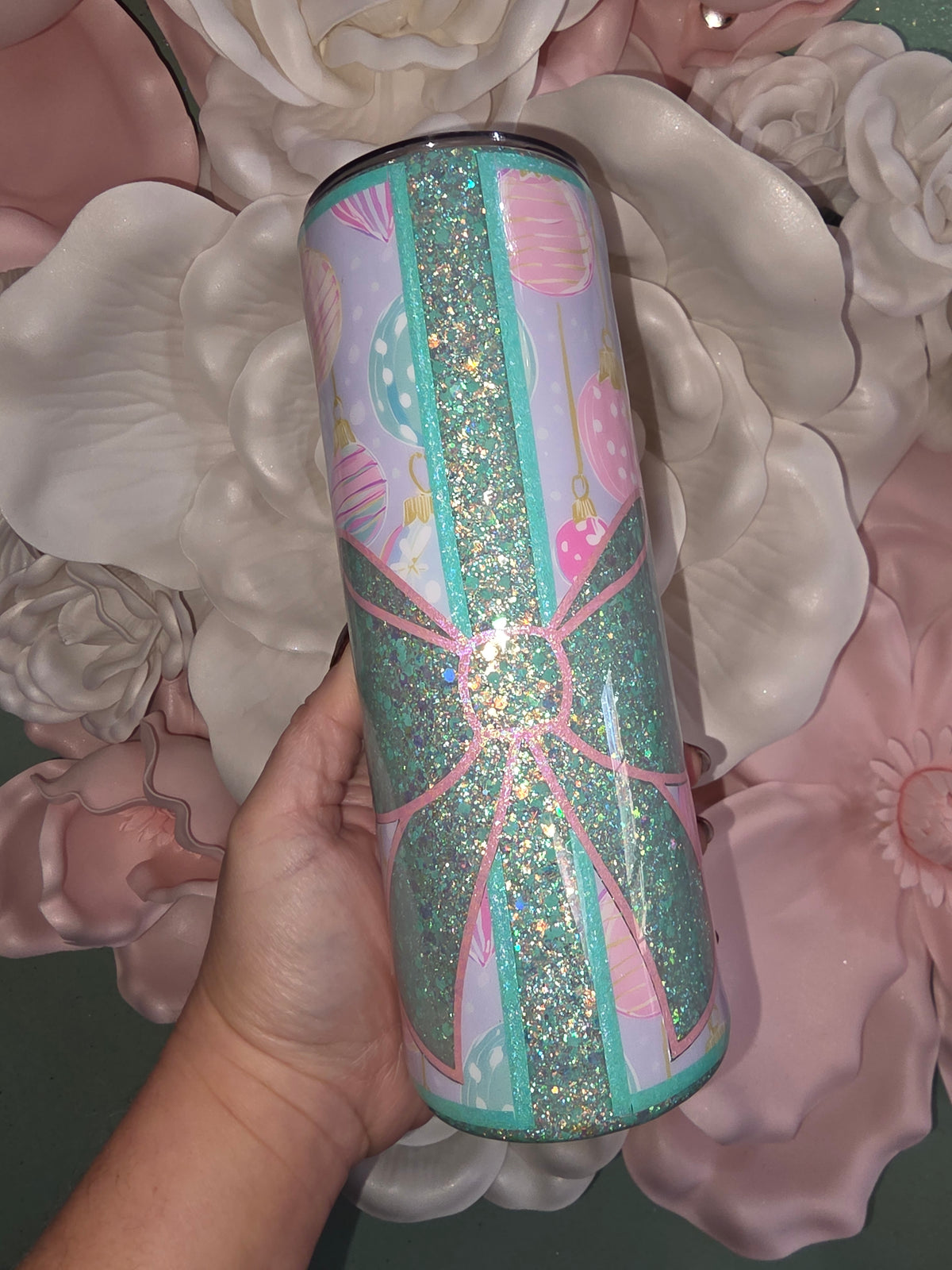 Minty Green Glitter Gift Bow Epoxy Tumbler
