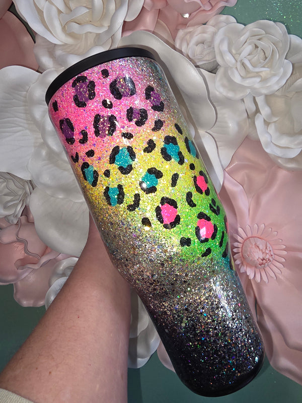 40oz Leakproof Rainbow Leopard Swirl Glitter Epoxy Tumbler