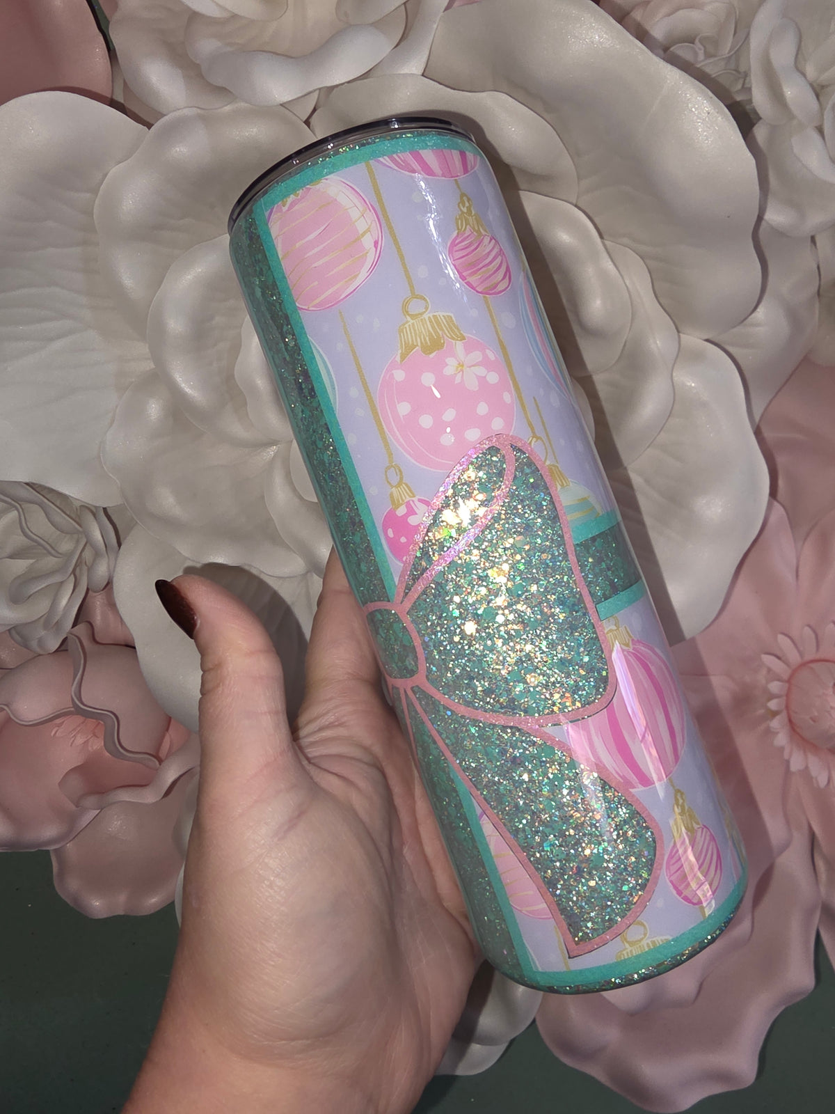 Minty Green Glitter Gift Bow Epoxy Tumbler