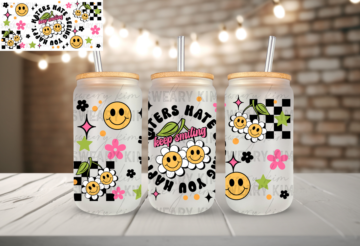 Exclusive Keep Smiling UV Dtf 16oz glass can wrap