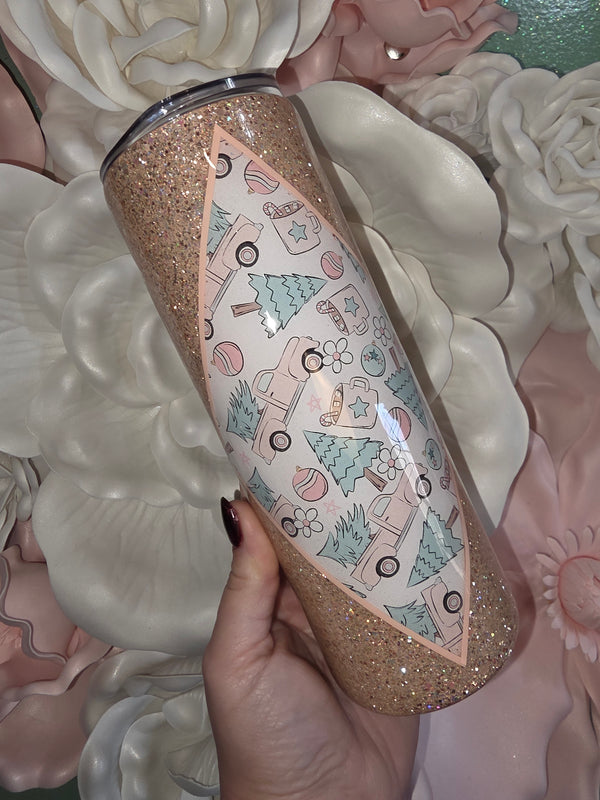 Pastel Christmas Truck Glitter Epoxy Tumbler