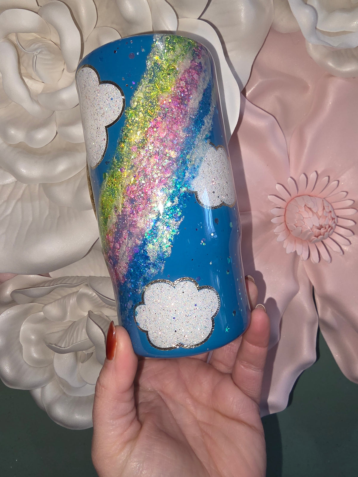 16oz Blue Rainbow Cloud Glitter Epoxy Tumbler