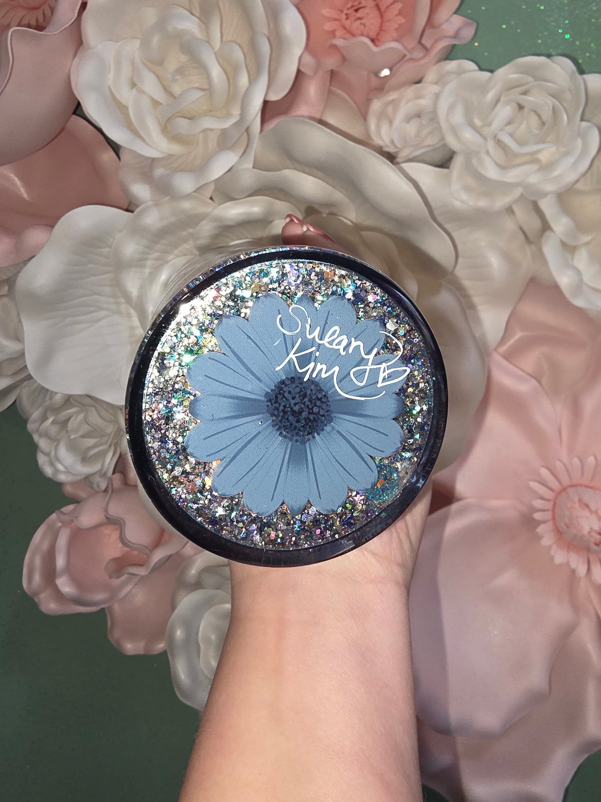 30oz Blue Floral Bow Glitter Snow Globe Tumbler