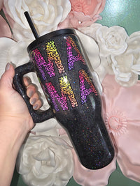 40oz Rainbow Leopard Mama Glitter Epoxy Tumbler