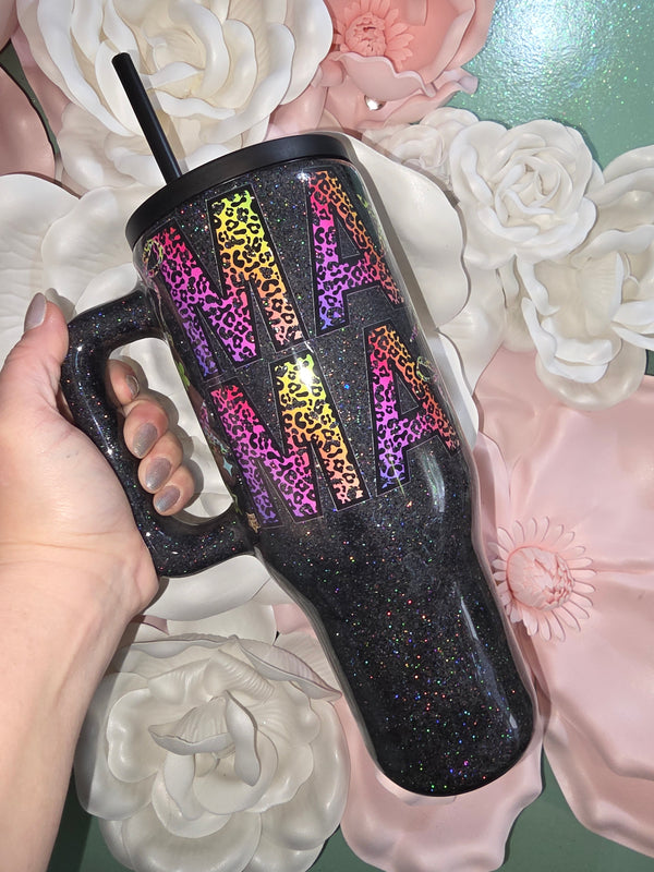 40oz Rainbow Leopard Mama Glitter Epoxy Tumbler