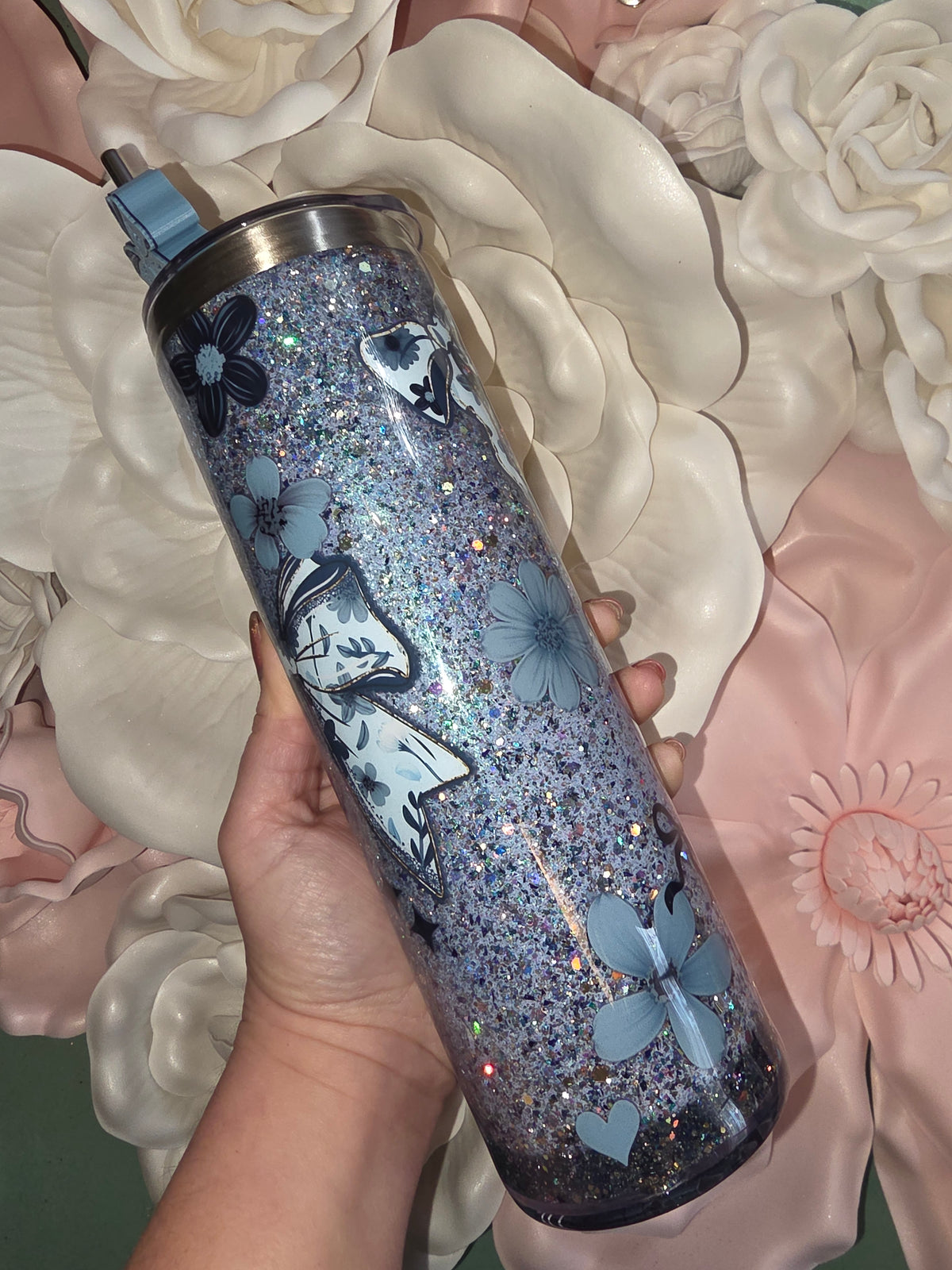 30oz Blue Floral Bow Glitter Snow Globe Tumbler