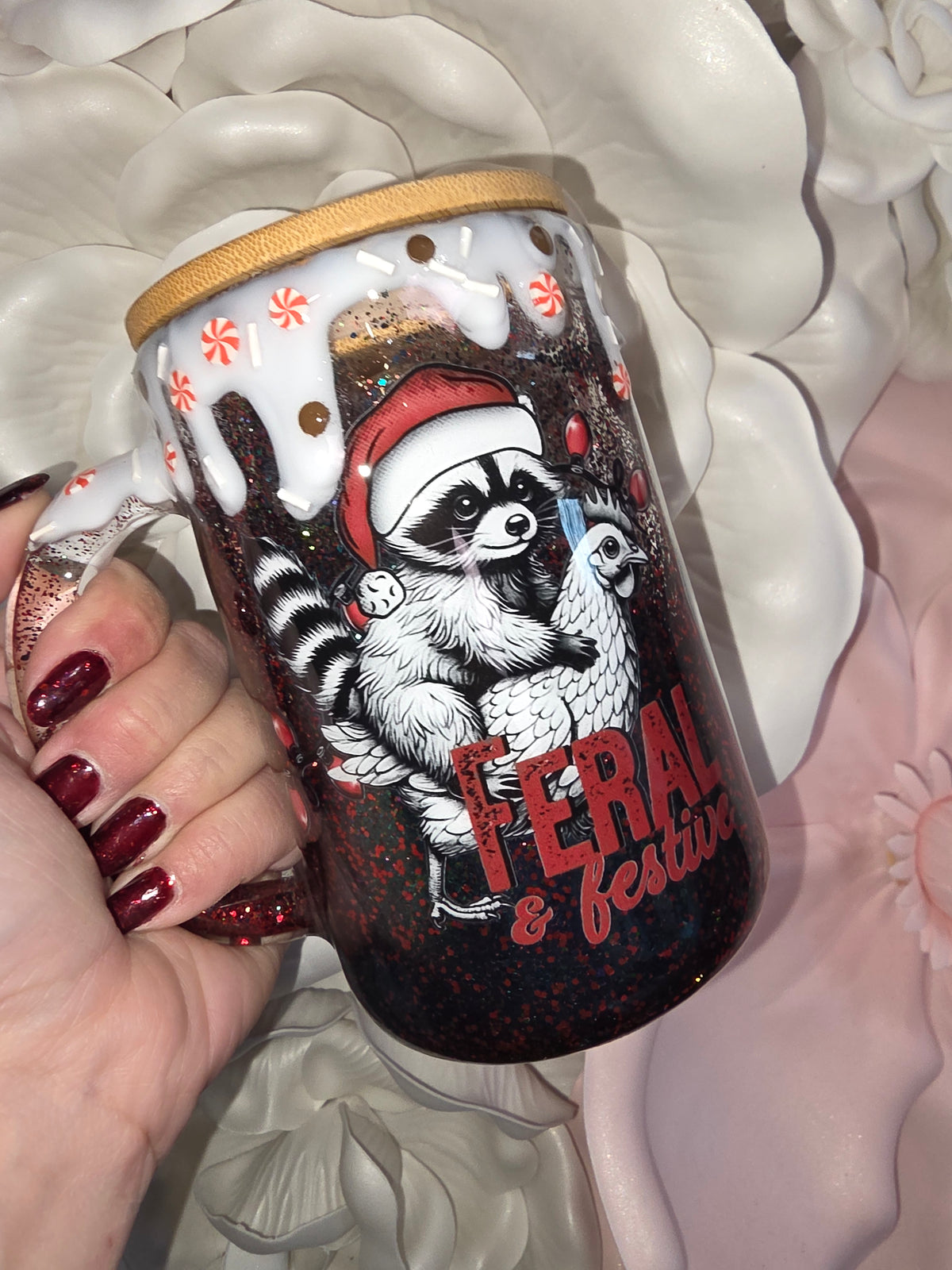 Raccoon Riding Chicken Glass Snow Globe Mug