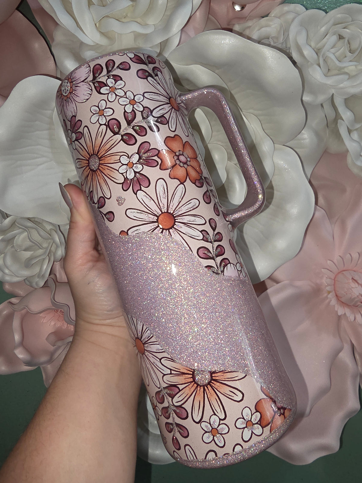30oz Floral Glitter Accent Epoxy Tumbler With Handle