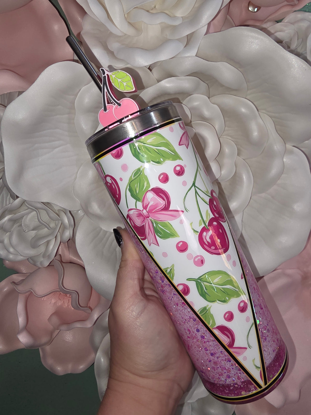 20oz Cherry Snow Globe Glitter Tumbler