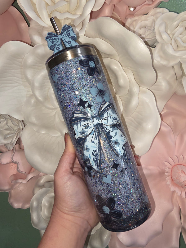 30oz Blue Floral Bow Glitter Snow Globe Tumbler