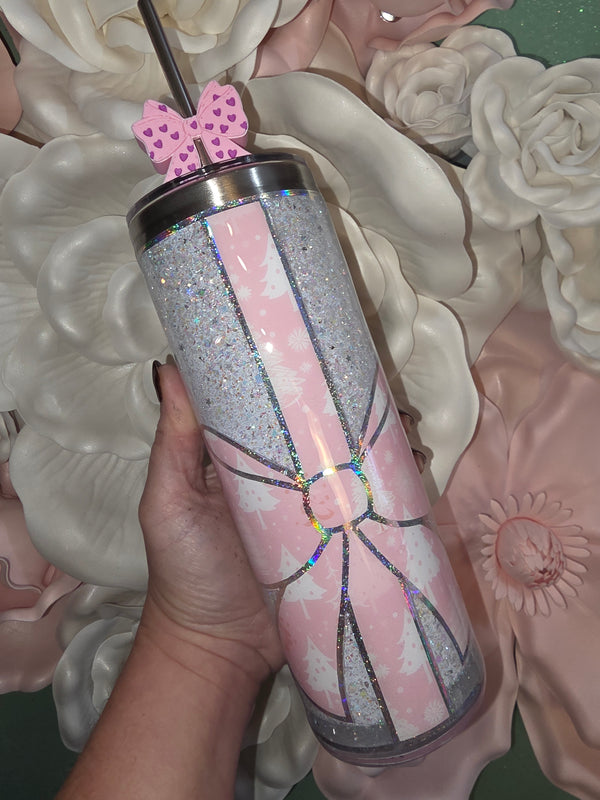 White & Pink Bow Glitter Snow Globe Tumbler