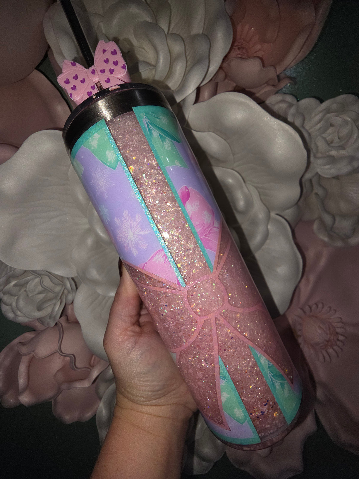 Pink Shimmer Bow Glitter Snow Globe Tumbler