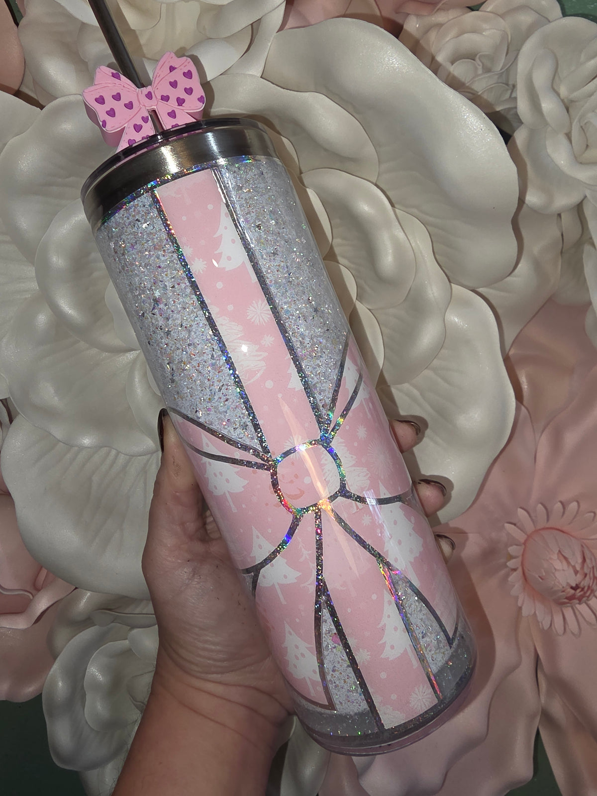 White & Pink Bow Glitter Snow Globe Tumbler