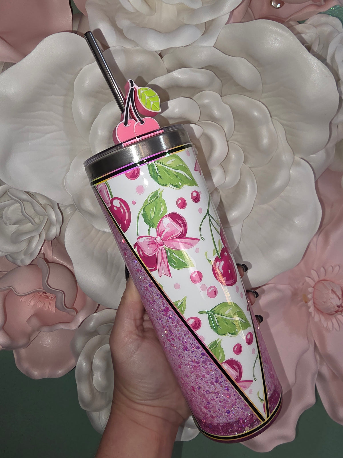 20oz Cherry Snow Globe Glitter Tumbler