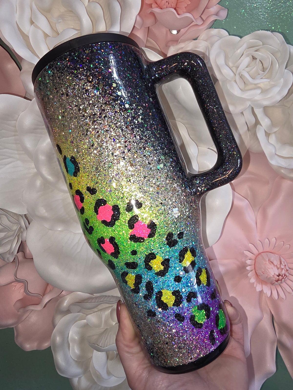 40oz Leakproof Rainbow Leopard Swirl Glitter Epoxy Tumbler