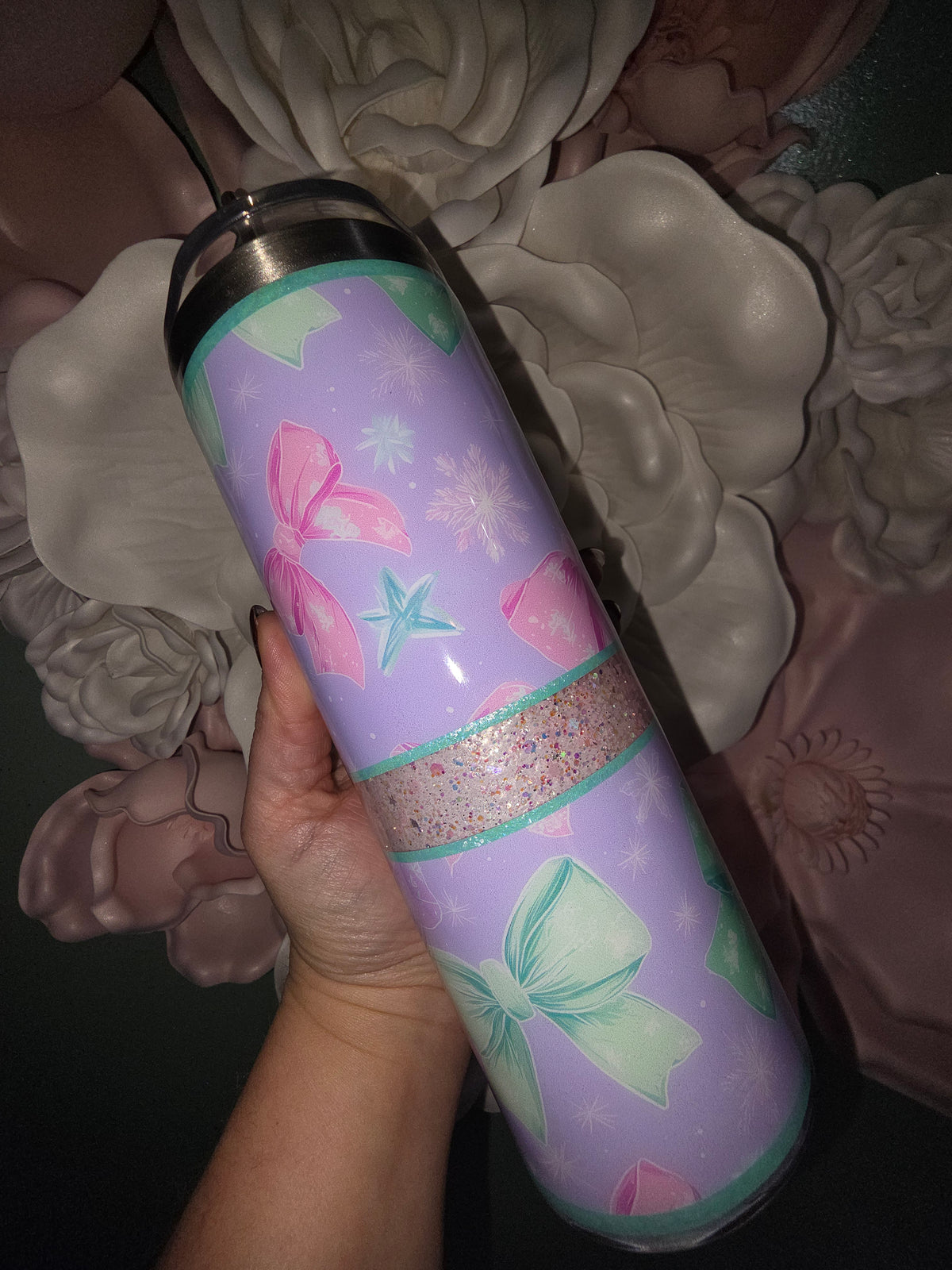 Pink Shimmer Bow Glitter Snow Globe Tumbler