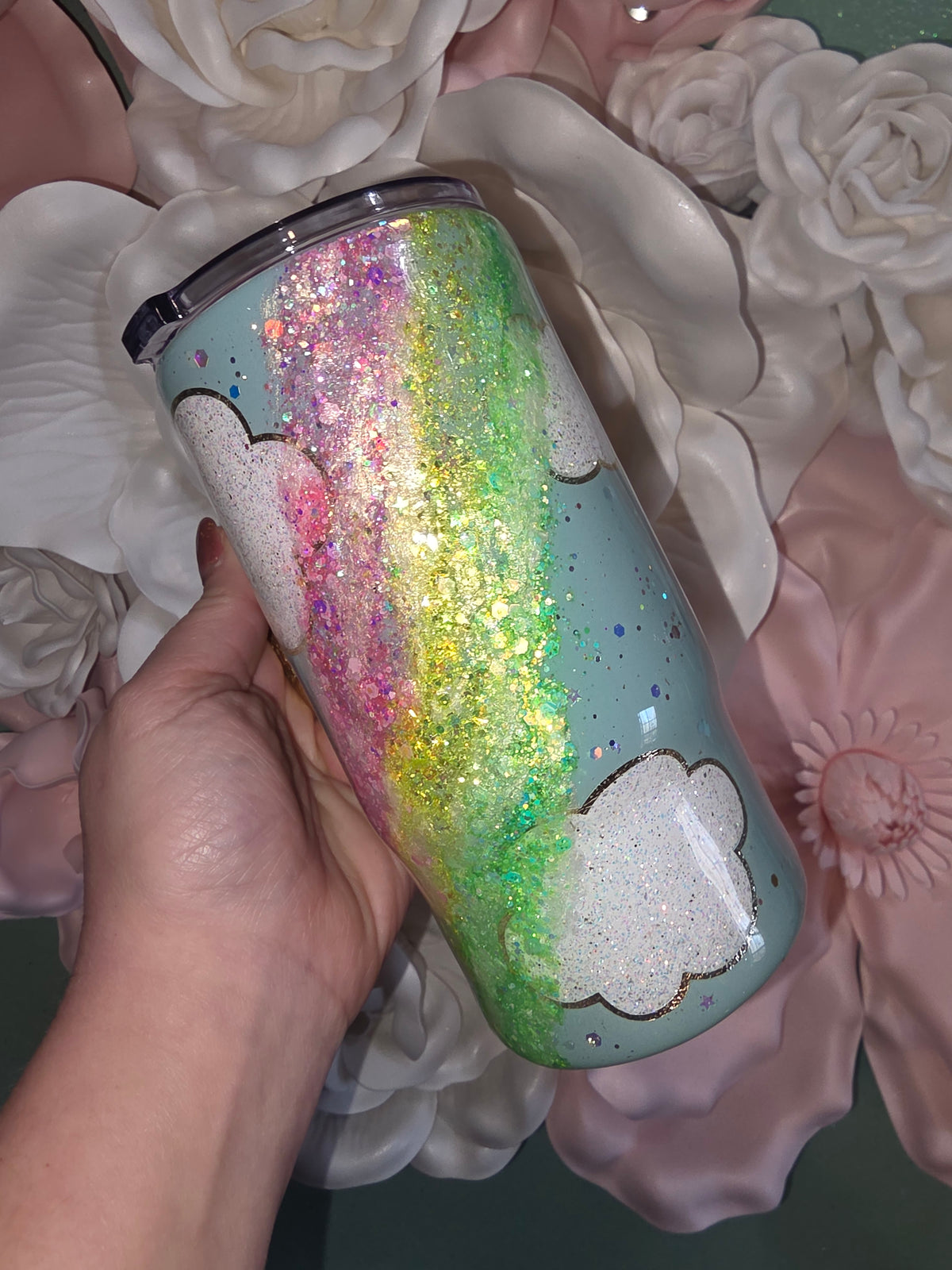 16oz Mint Rainbow Cloud Glitter Epoxy Tumbler