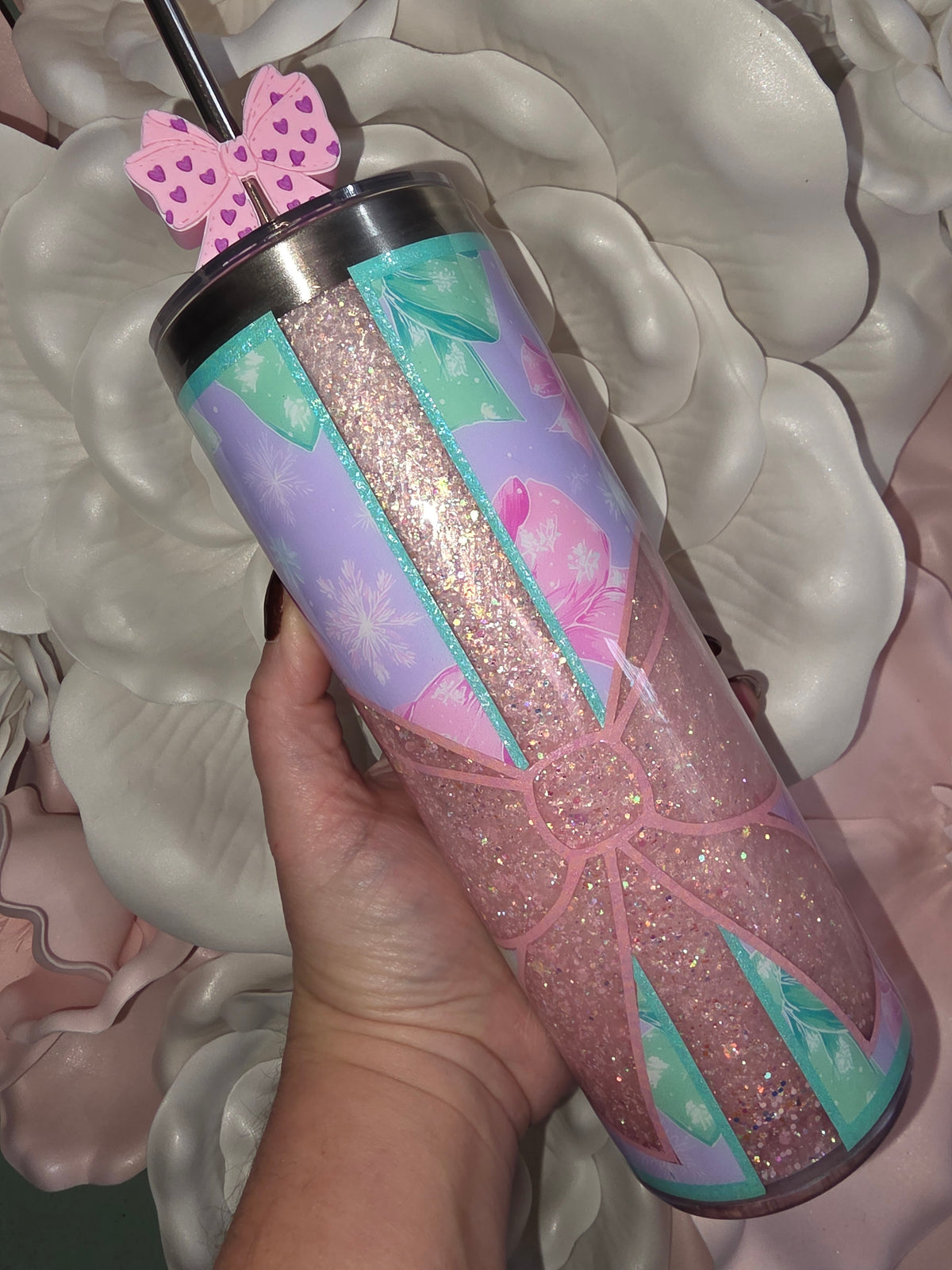 Pink Shimmer Bow Glitter Snow Globe Tumbler