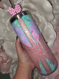 Pink Shimmer Bow Glitter Snow Globe Tumbler