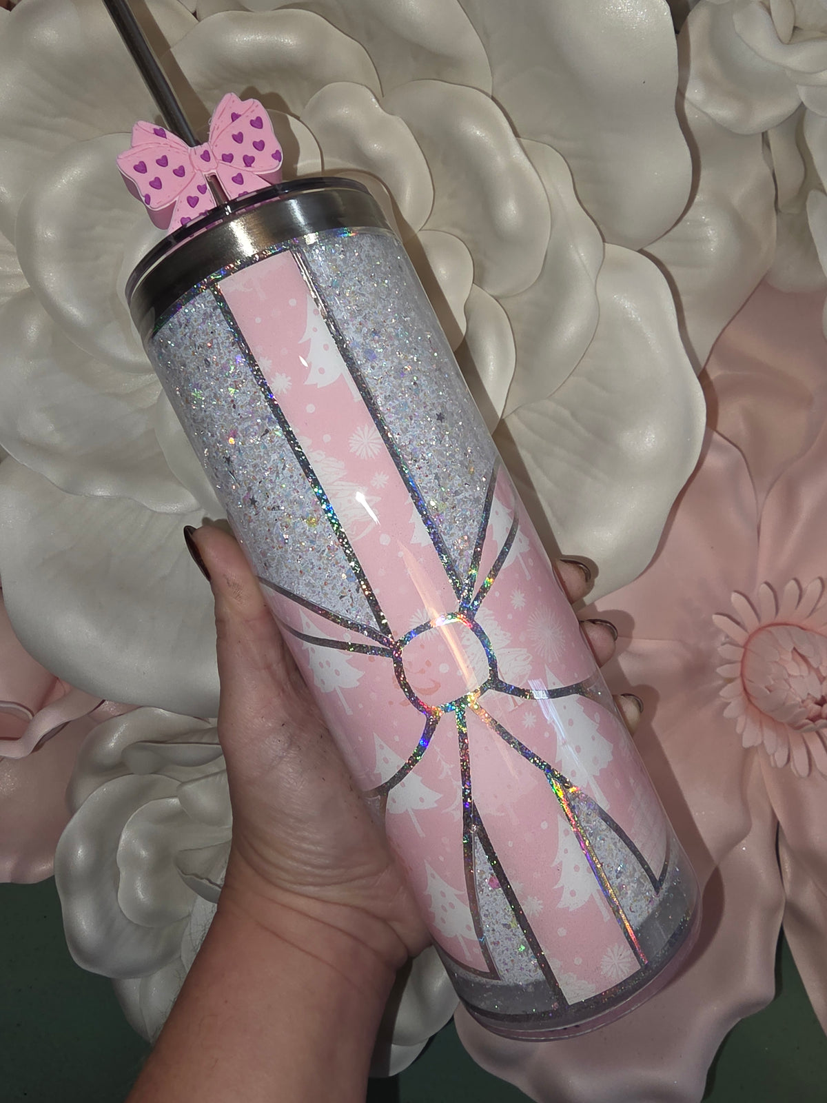 White & Pink Bow Glitter Snow Globe Tumbler