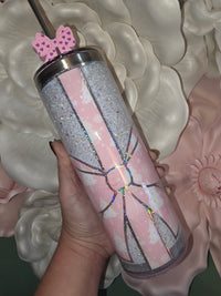 White & Pink Bow Glitter Snow Globe Tumbler