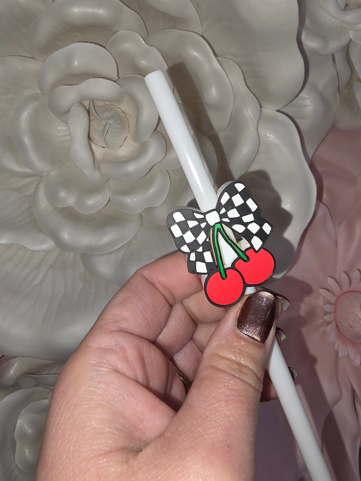 Checkered Bow & Red Cherries Straw Topper
