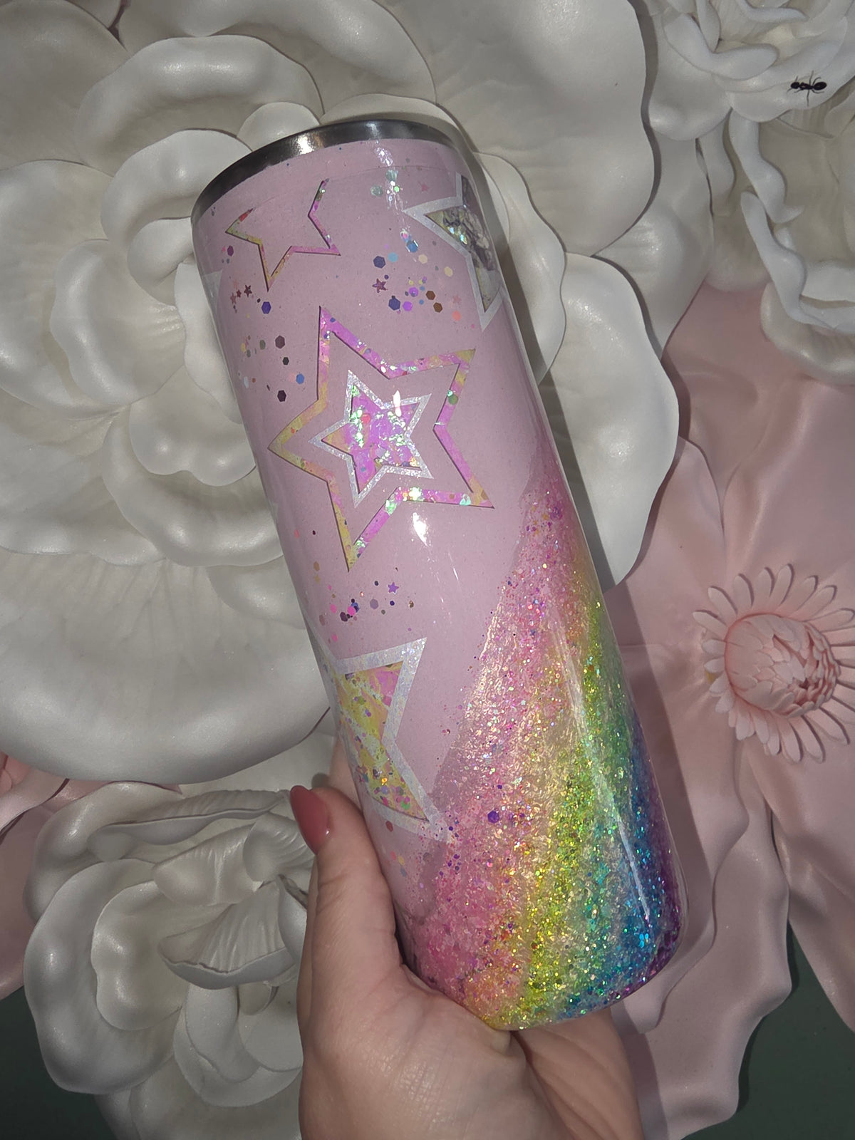 20oz Rainbow Star Holo & Glitter Snow Globe Tumbler